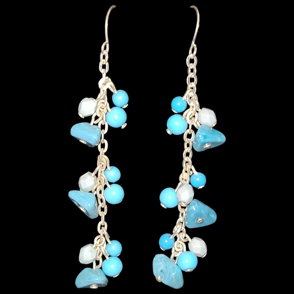 Turquoise Blue & Silver Tone Beaded Dangle Drop Earrings 3"